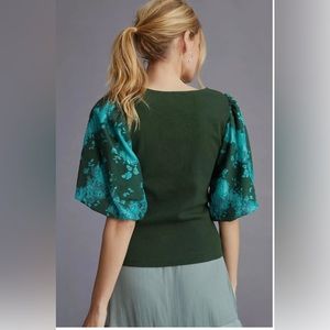 NWT Anthropologie Dolan Green Lace Puff-Sleeve Mixed Media V Neck Top